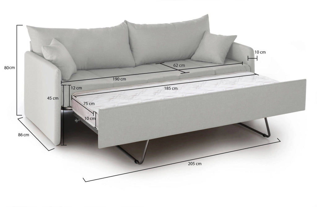 Avellana, Divano Letto 3 Posti Sfoderabile Made in Italy, 205x86 cm Grigio Chiaro