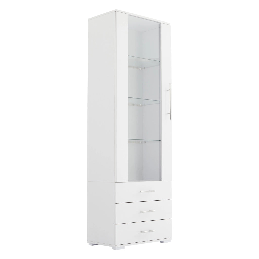 Vetrina con LED da app, 1 anta e 3 cassetti, fronte lucido, per soggiorno, in MDF, bianco, 60 × 35 × 180 cm