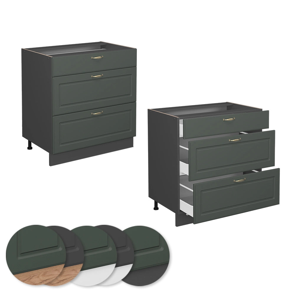 Vicco Mobiletto base per cucina Verde-oro Country House 80 cm con 3 cassetti, senza piano di lavoro