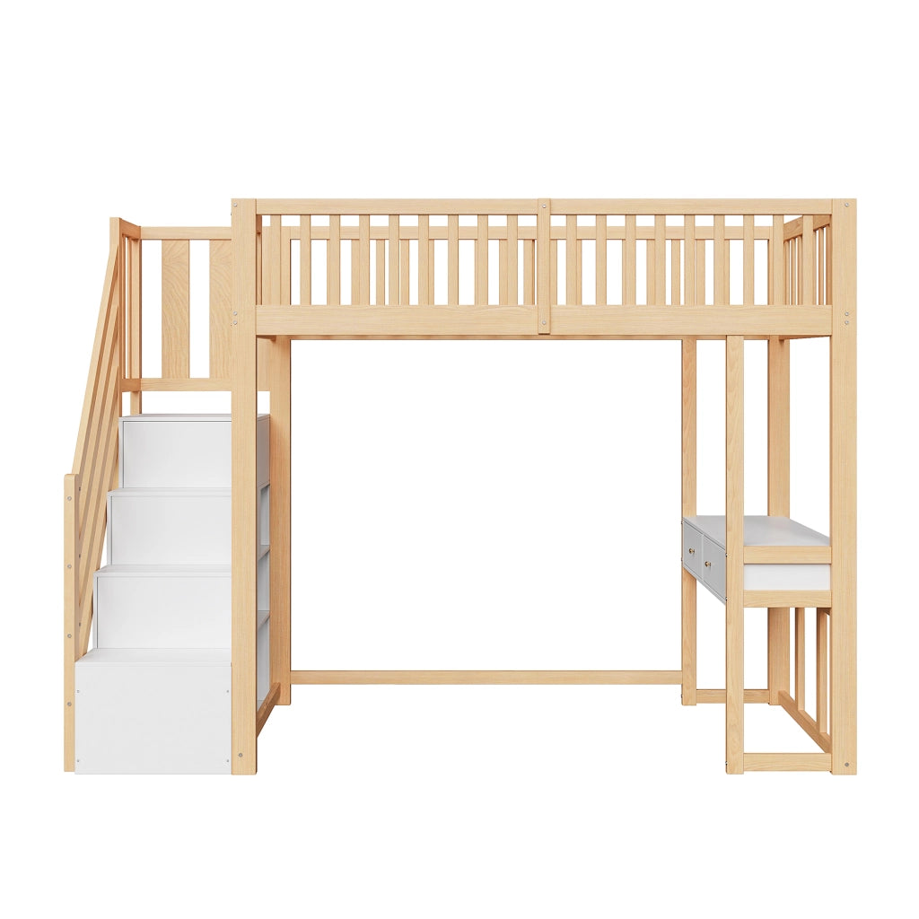 LETTO A SOPPALCO 90x200 cm con tavolo multifunzione, scala contenitore, bianco e rovere chiaro