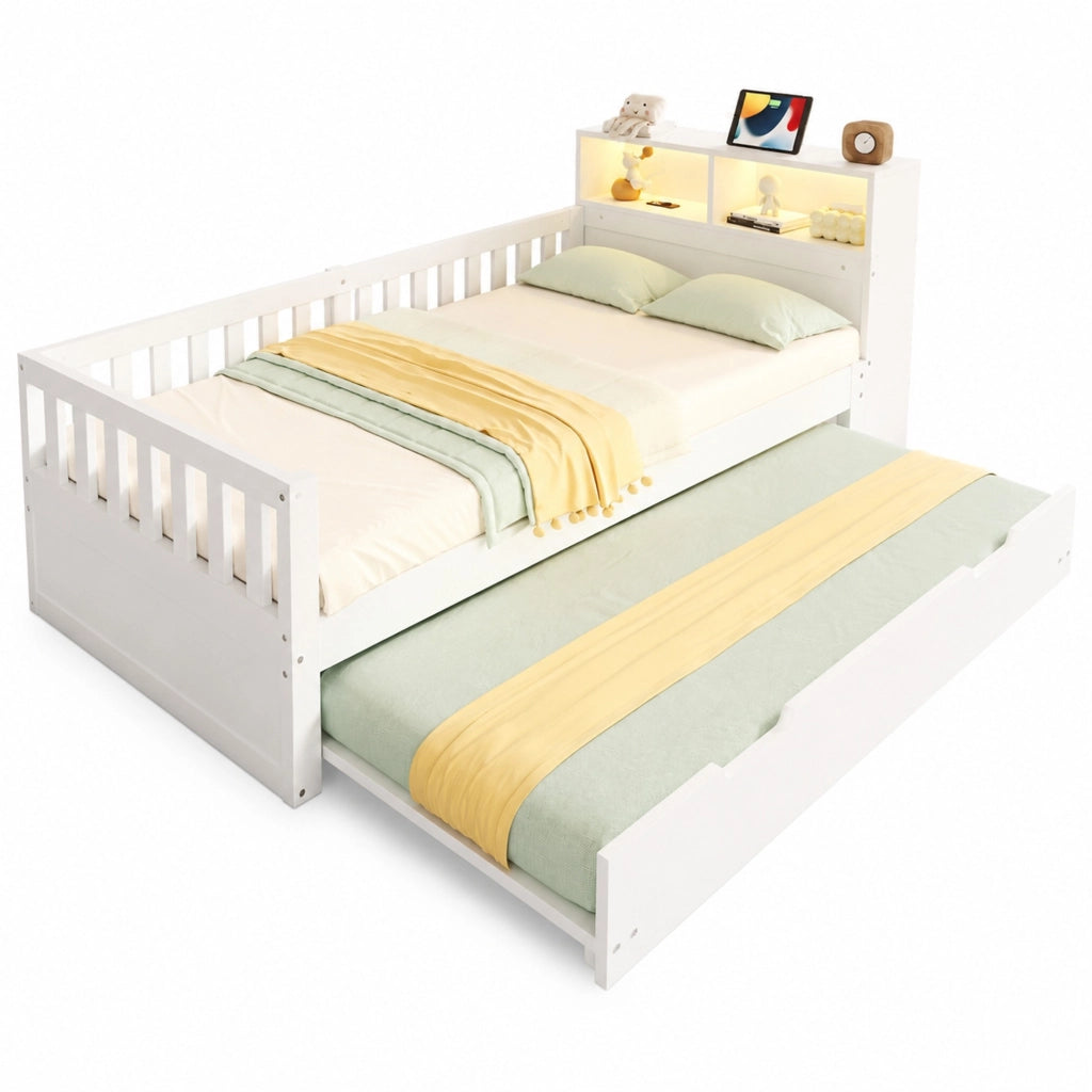Letto Singolo 90 x 200 cm; con Struttura Estraibile; LED e Presa USB in Legno Bianco