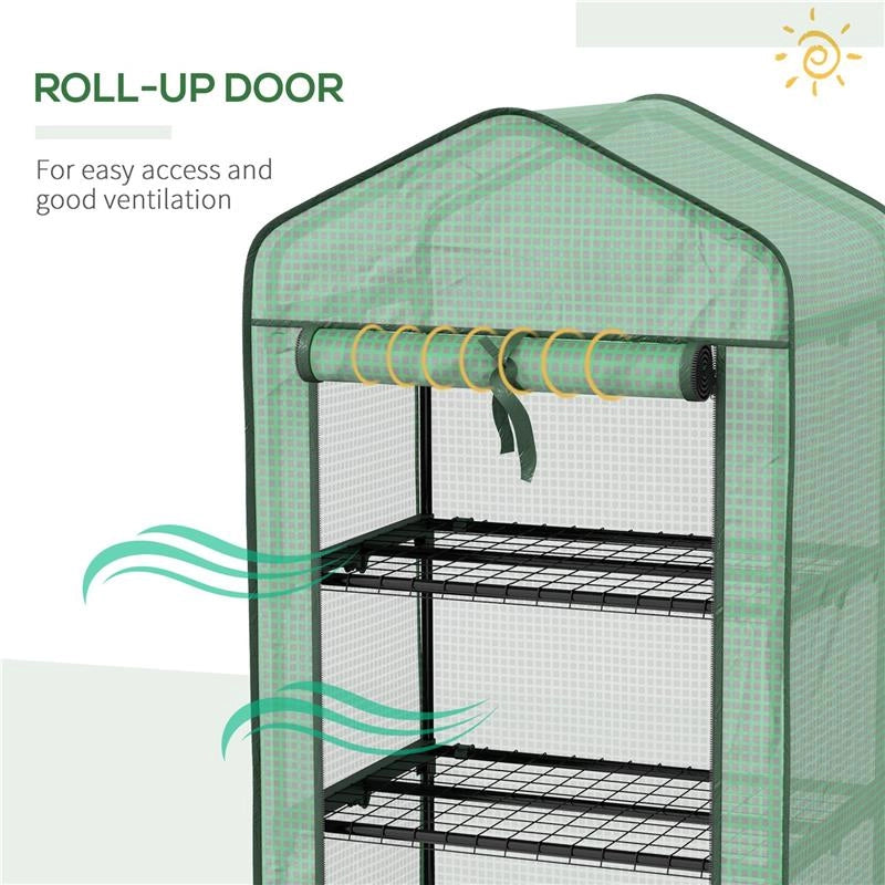 MINI SERRA DA GIARDINO CON COPERTURA IN PE, 3 RIPIANI E RUOTE, 69X49X130CM, VERDE