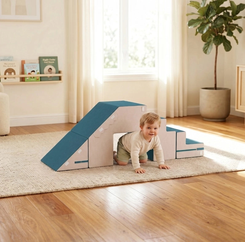 Set di moduli morbidi ULEVR per bambini, componibile per arrampicarsi e gattonare, crema e blu