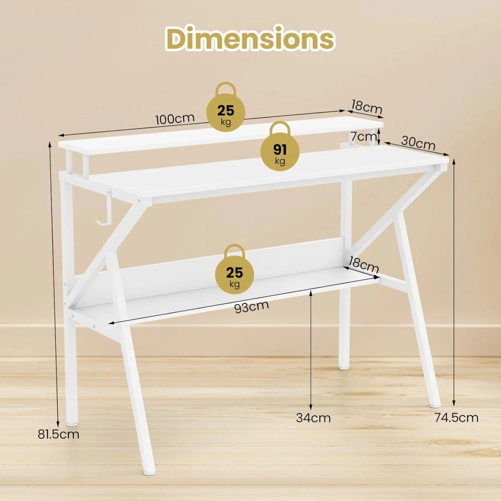 Scrivania per computer con supporto per monitor, mensola portaoggetti e gancio laterale, 100 x 48 x 81,5 cm, tavolo da lavoro moderno per ufficio, camera da letto