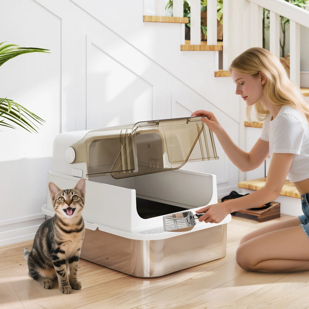 Cassettiera per gatti in acciaio inox con paletta ¨C zephmum ¨C 70x50x46,5 cm bianco
