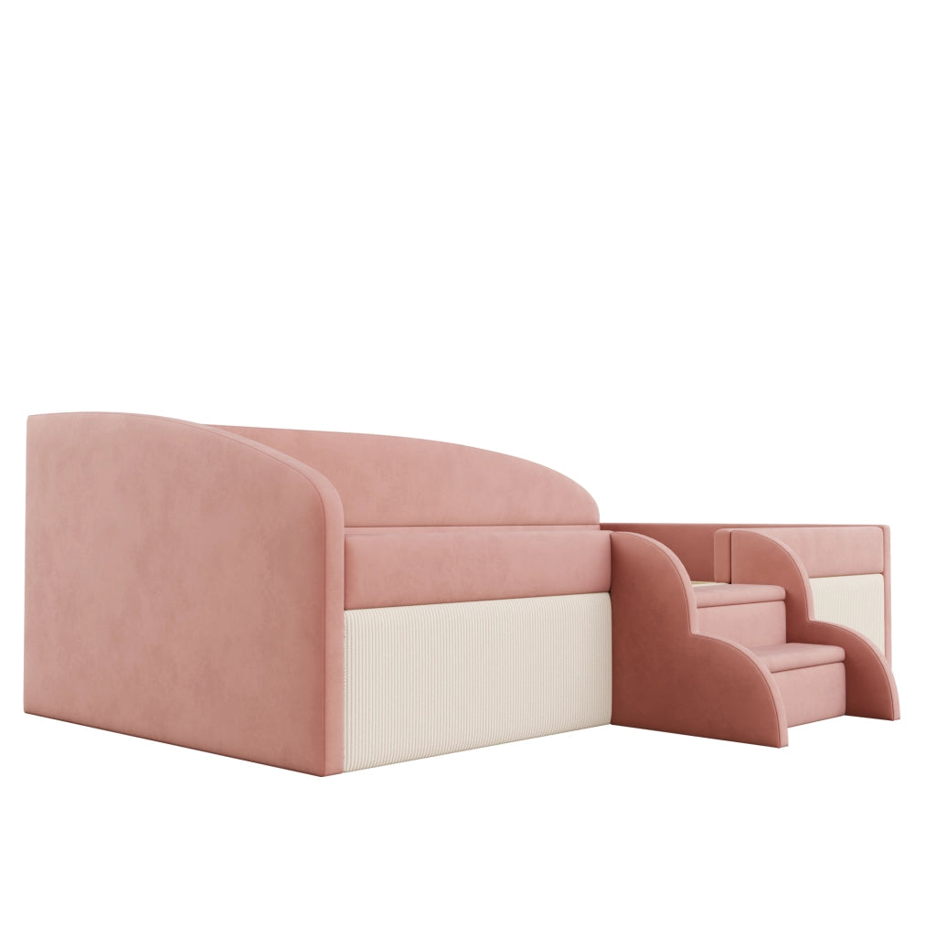 Letto per bambini 90 × 190 cm con scalini antiscivolo e sponda di sicurezza, senza materasso, velluto rosa e bianco crema