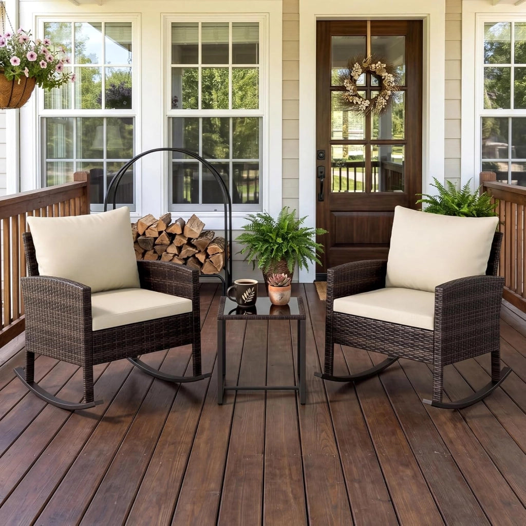 Set Salotto da Giardino in Rattan, Set Mobili da Eterno con 2 Poltrone a Dondolo, Tavolino in Vetro Temperato e Comodi Cuscini con Fodera Lavabile per Cortile e Balcone (Beige)