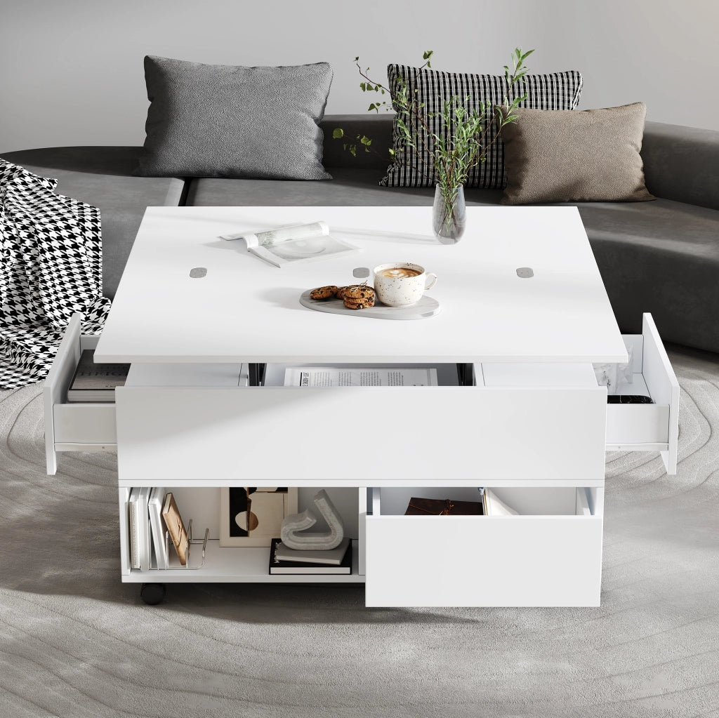Tavolino da salotto sollevabile e multifunzione 100x50x52 cm; bianco in truciolare