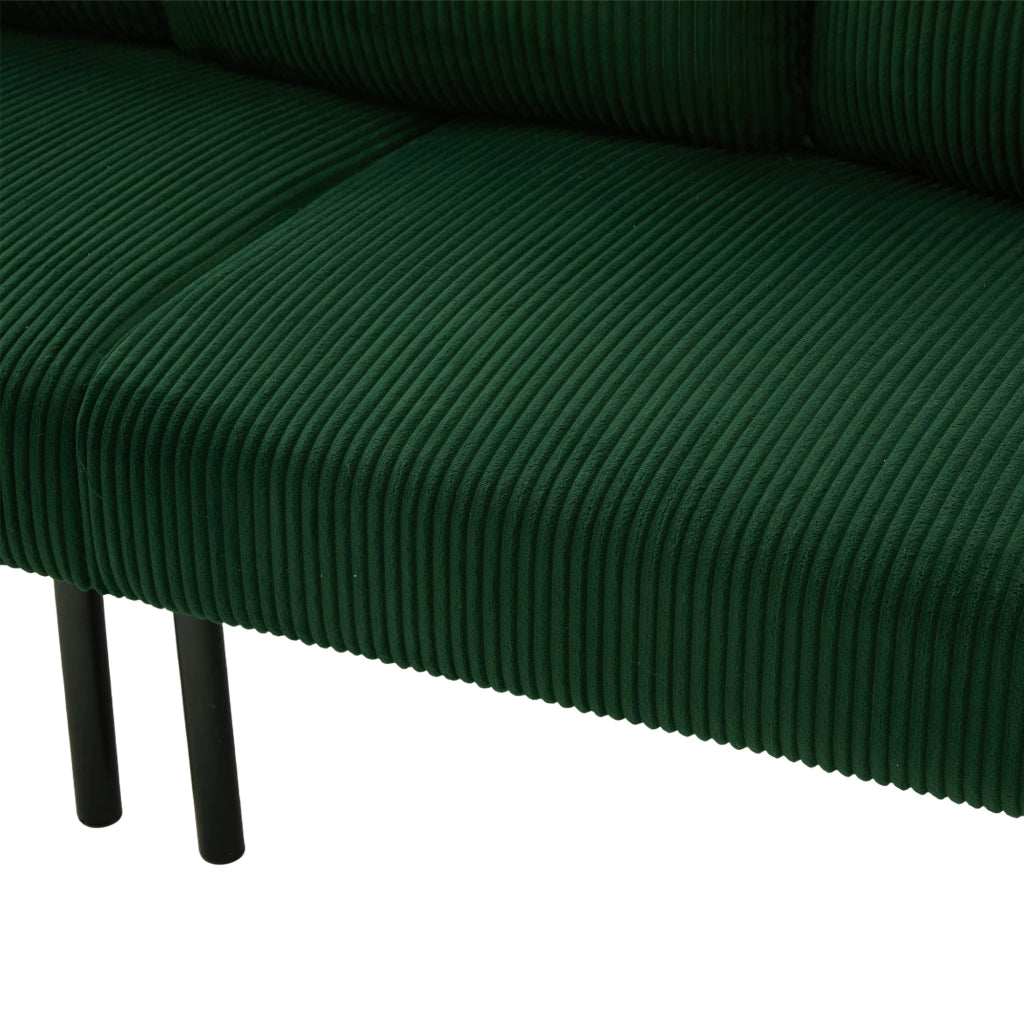 Divano a 3 posti in corduroy color Emerald con schienale ergonomico, tasca laterale e struttura stabile