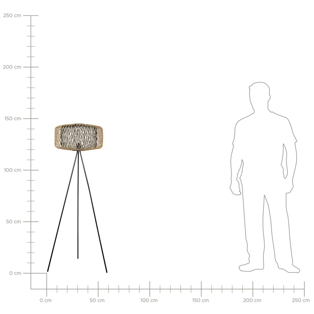 Lampada da terra a stelo in bambù con paralume aperto e base in metallo 120 cm naturale e nera soggiorno stile boho
