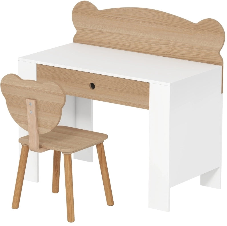 Set scrivania e sedia per bambini con cassetto, legno naturale