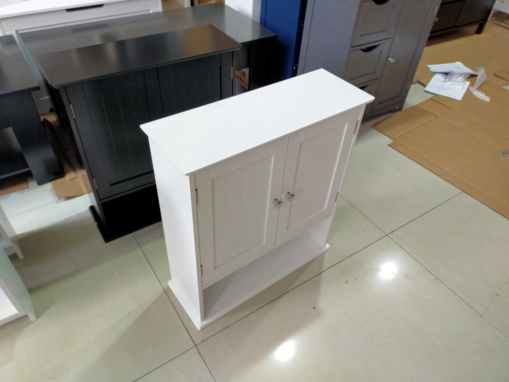 Armadietto bagno da parete bianco con doppia anta, ripiani regolabili e vani aperti, in MDF