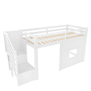 Letto a Soppalco 90x200 cm Singolo; con Scala Contenitore; LED e Finestra - Bianco