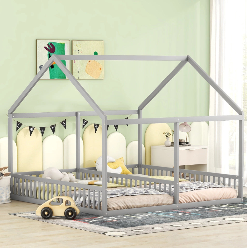 Letto a 2 posti con design a casetta, grigio, 90 x 200 cm
