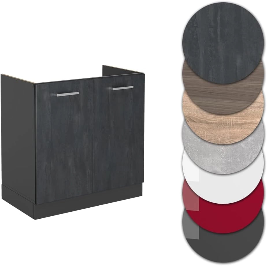 Mobile lavello cucina R-Line, Calcestruzzo nero, 80 cm PT Rovere, per la libera combinazione all'interno di sistemi cucina modulari