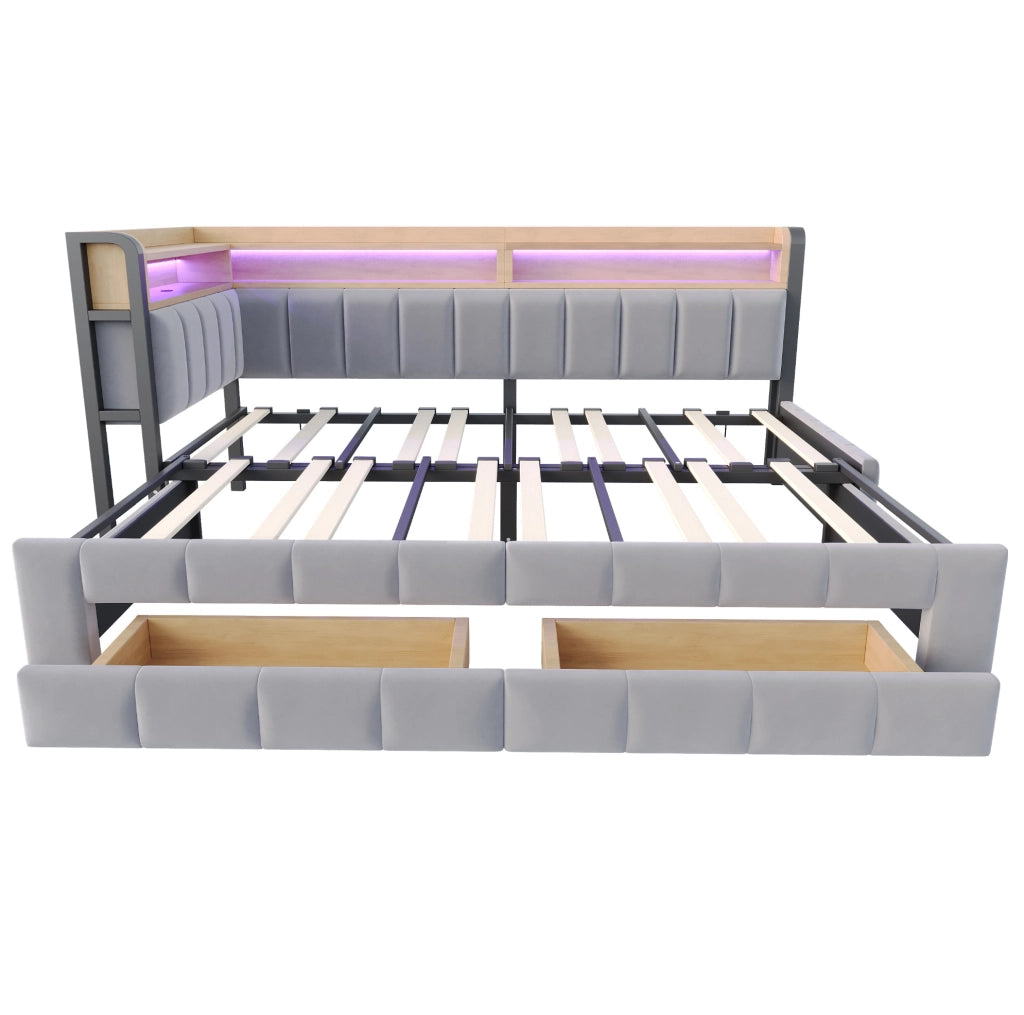 Divano letto imbottito 90x200 cm estensibile in velluto grigio chiaro con LED; USB e contenitore
