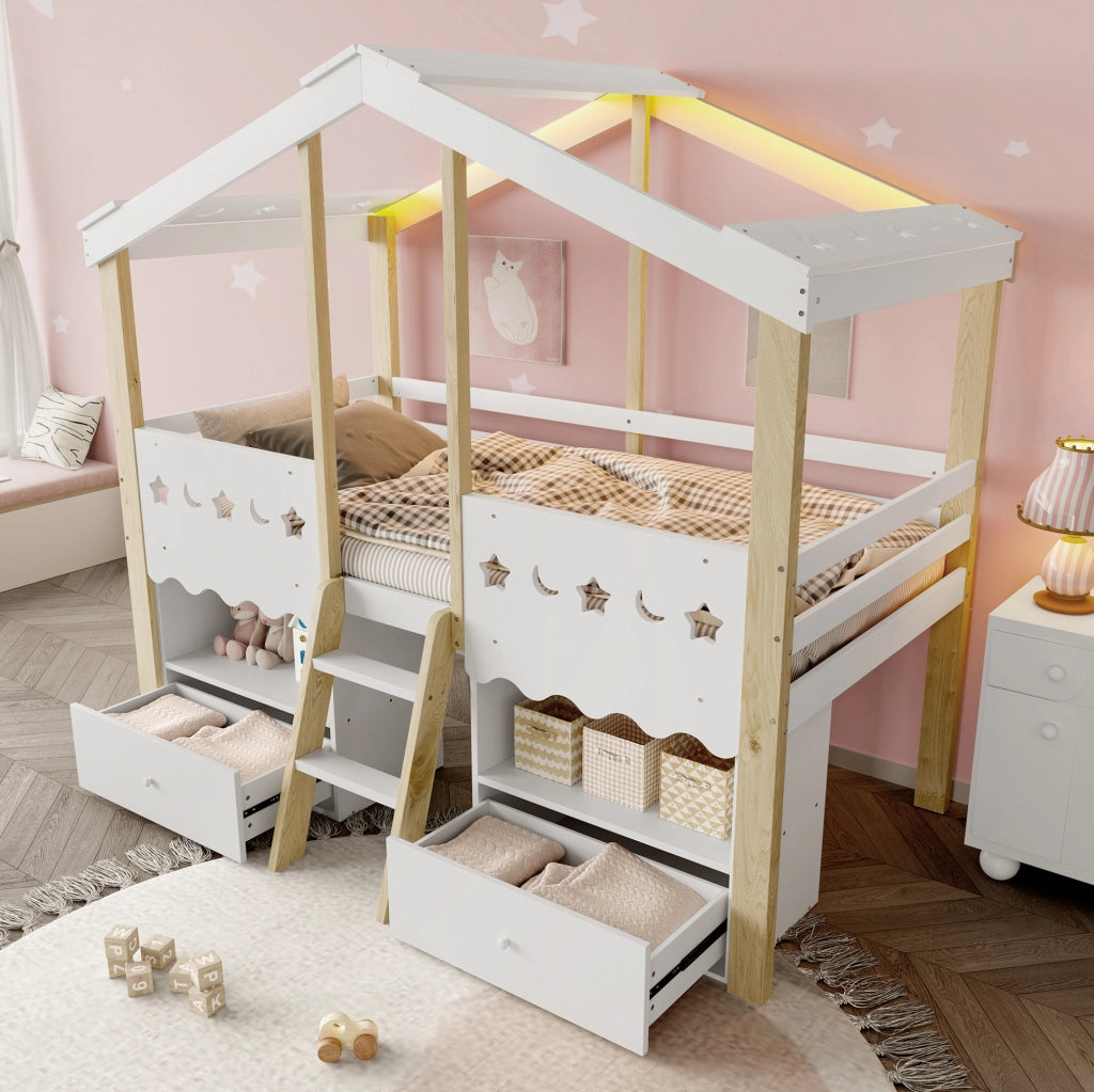 Letto a soppalco 90x200 cm a casetta con LED; in pino bianco e naturale