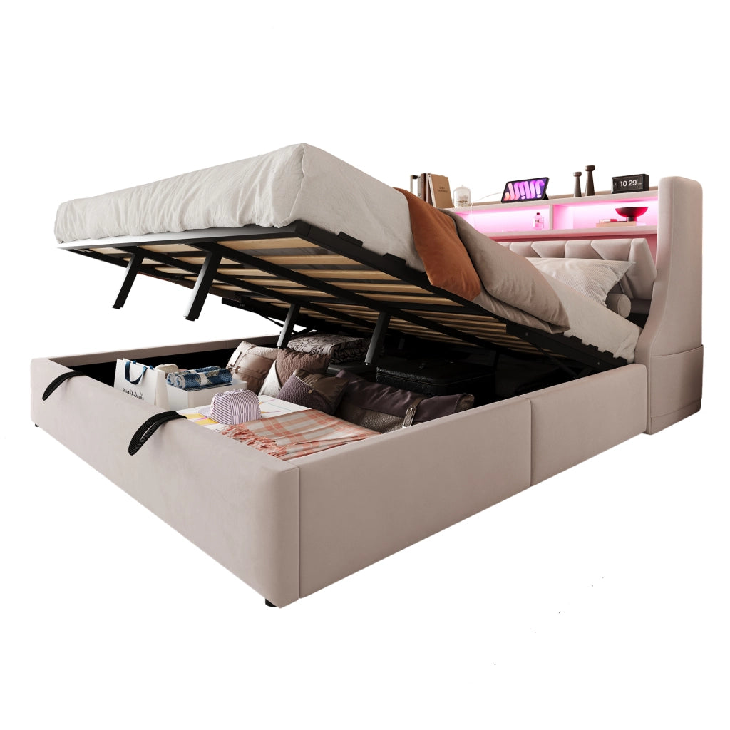 Letto imbottito 180x200 cm con testiera ribaltabile, luci LED, prese USB e Type-C, contenitore idraulico, velluto beige