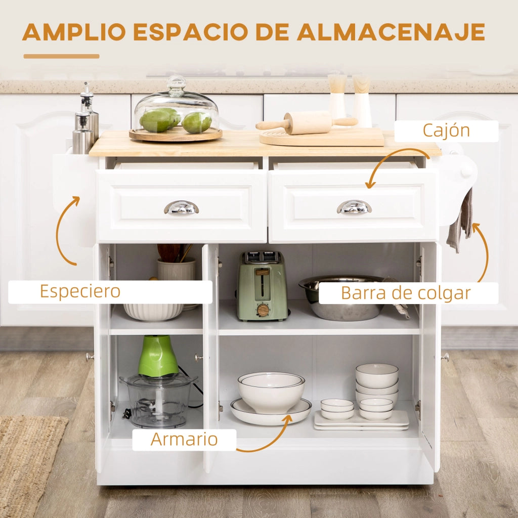 Carrello Cucina con 2 Cassetti e Barra ¨C zephmum ¨C Bianco 110x45x91 cm