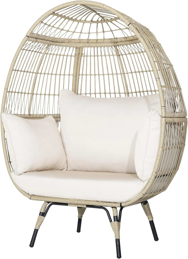 Poltrona da Esterno in Rattan Boho Chic, Portata fino a 180 kg Poltrona da Giardino con Cuscini, Sedia a Forma di Uovo con Struttura in Metallo, Divano per Soggiorno, Terrazza, Marrone