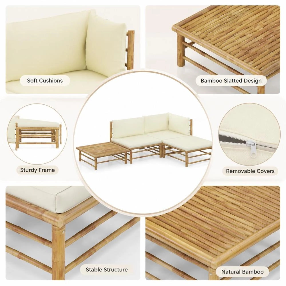 4-piece Garden Lounge Set With Cream-white Bamboo Cushions
