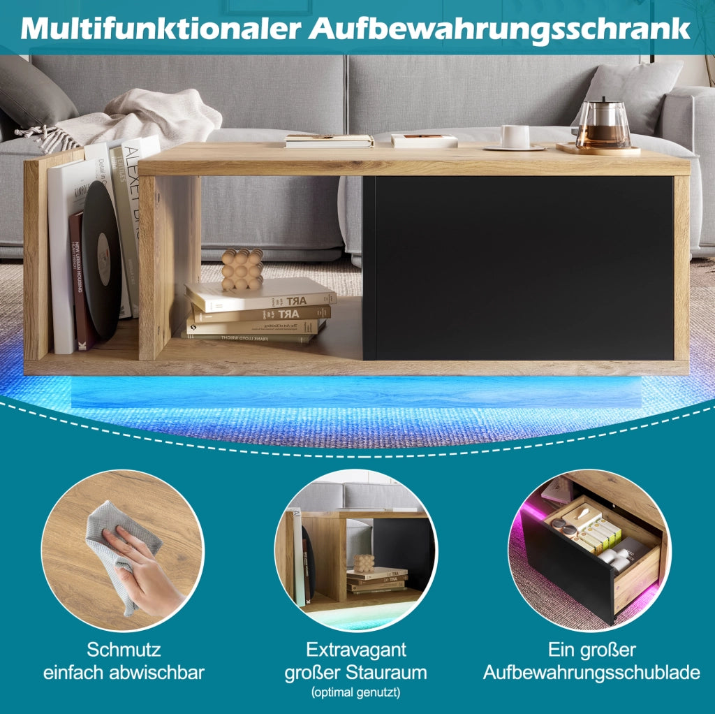Tavolino contenitore retro con LED 99;5x53x38 cm in legno ingegnerizzato e metallo; naturale