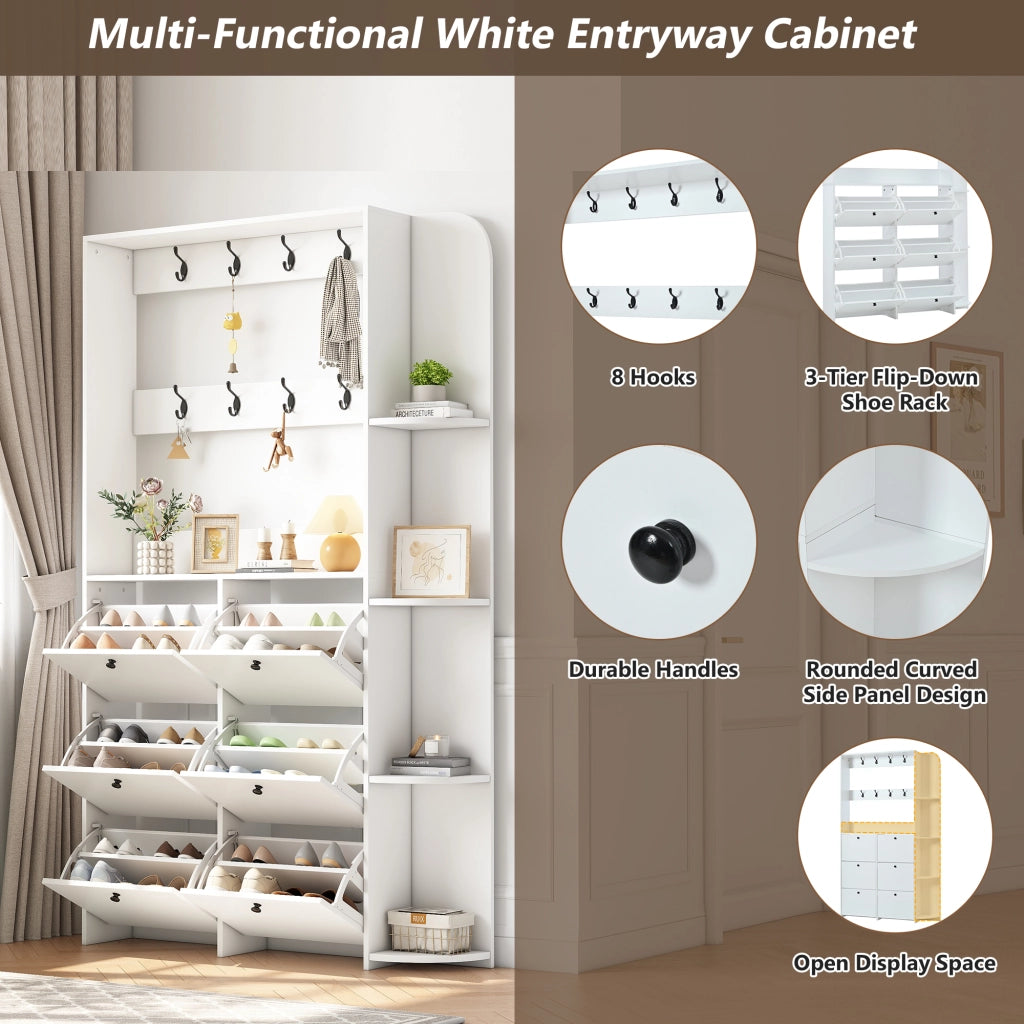 Mobile ingresso con 6 scarpiere a ribalta; 8 ganci e 5 ripiani - 120x24x200 cm - bianco