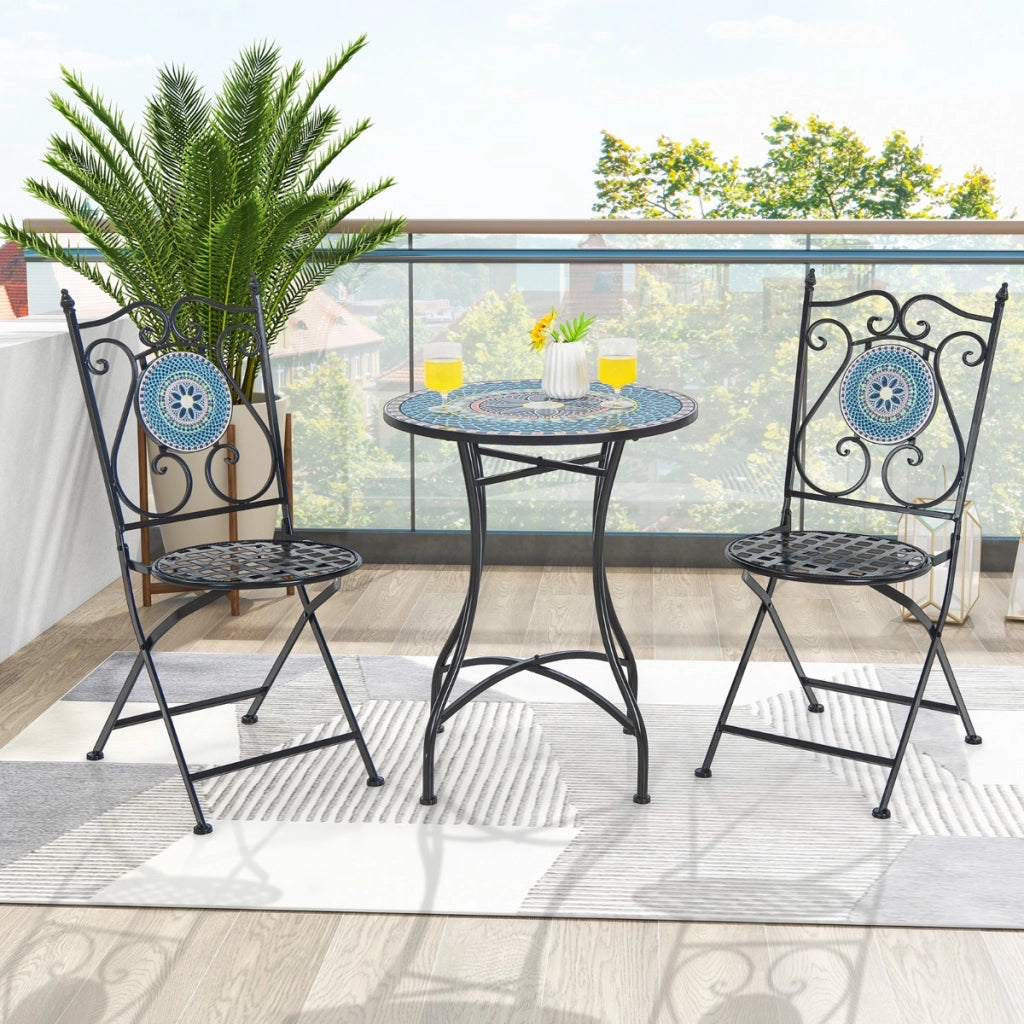 Set Mobili da giardino con mosaico da 3 pezzi, Tavolo rotondo e 2 sedie pieghevoli con struttura in metallo-Set mobili da esterno