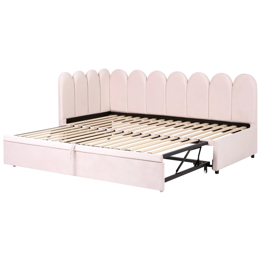 Letto a castello rivestito in velluto rosa pastello 90/180 x 200 cm con rete a doghe