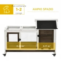 Conigliera in Legno da Interno ed Esterno con Ruote, Casetta, Tetto Apribile e Vassoio, Marrone