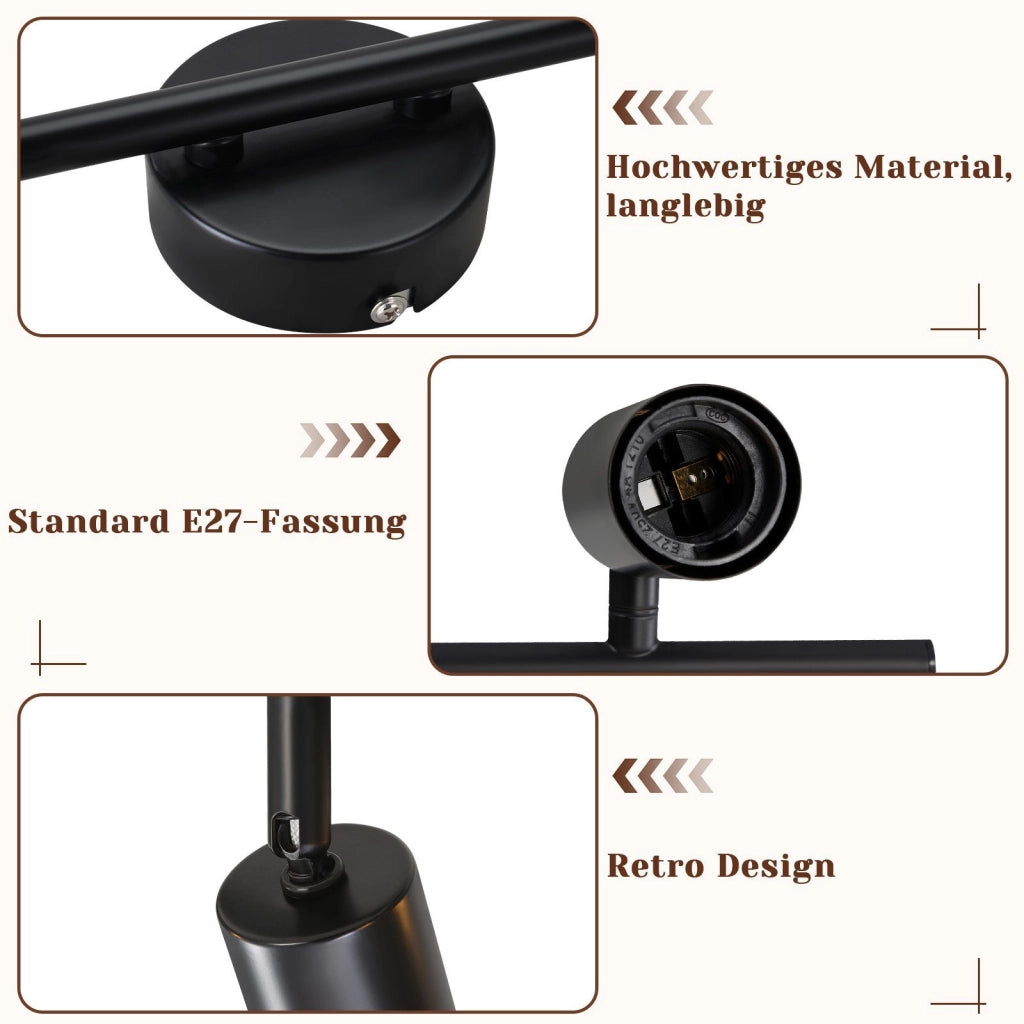 ZMH Faretto da soffitto nero - Lampada da soffitto con faretti E27 orientabili a 350° per camera da letto vintage