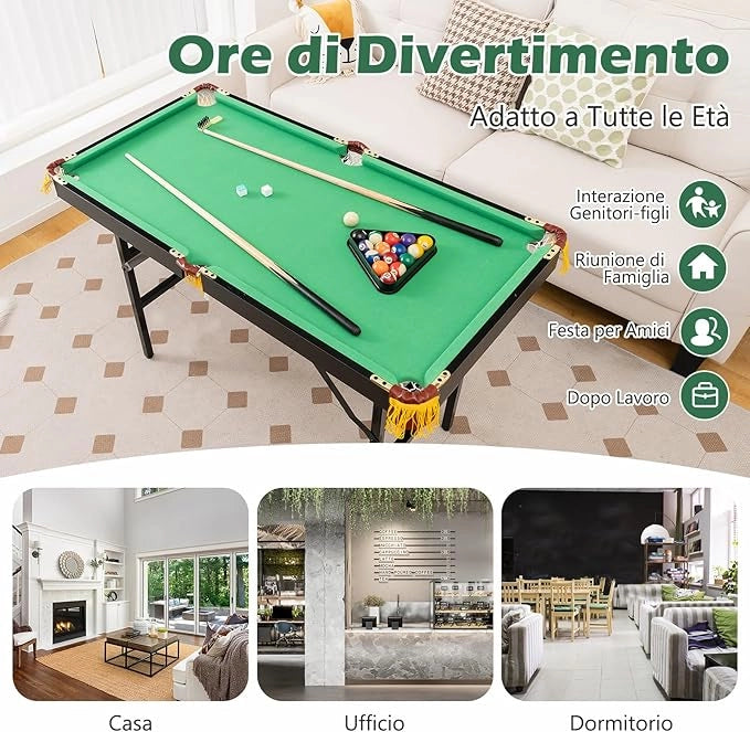 Tavolo da Biliardo Pieghevole, Mini Tavolo da Gioco Biliardo con Set di Accessori Stecche Palline Gessetti e Spazzola, Piedi Regolabili, per Sala Giochi bar Palestra, 122x64x78 cm