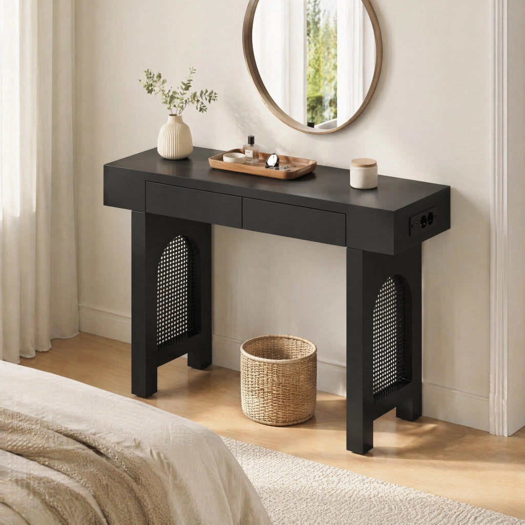 Tavolo consolle con 2 cassetti e multipresa USB/Type-C 120x35;5x76;5 cm in MDF nero