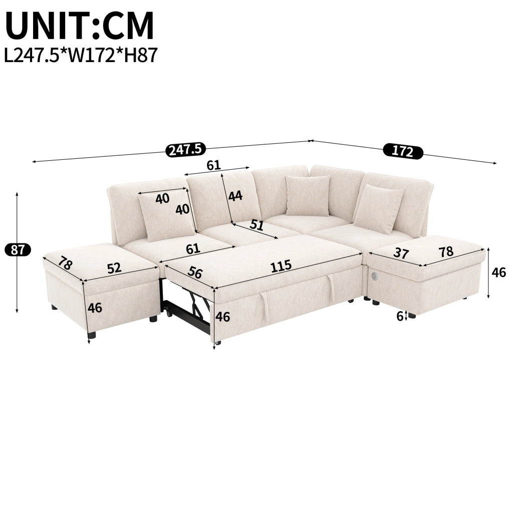 DIVANO ANGOLARE LETTO ESTRAIBILE 247,5x172x87 cm Chenille Beige con 2 pouf e 3 cuscini