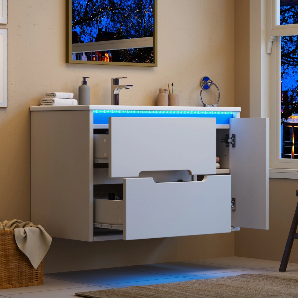 Mobile bagno sospeso 81 cm bianco con lavabo in ceramica e cassetti