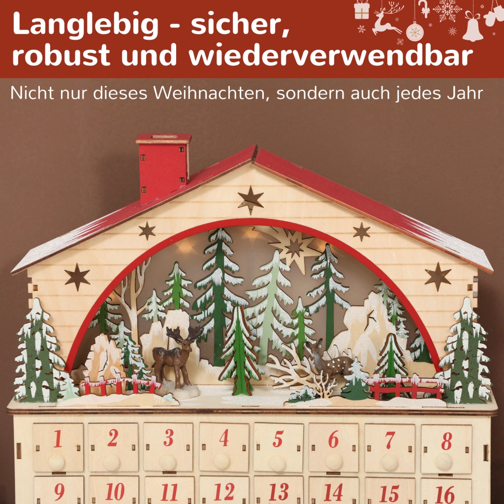 Calendario dell'Avvento 24 Cassetti con LED ¨C Minimal ¨C Legno Naturale 36x10x34 cm