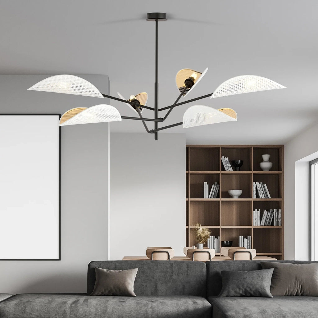 Lampadario 6 Luci Eridano In Acciao Nero E Bianco Oro Con Bracci Mobili