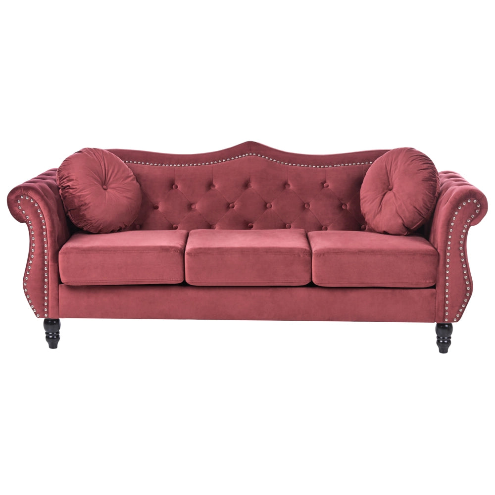 Set soggiorno Velluto rosso 2 posti 3 posti Bottoni con rifiniture a punta trapuntata Cuscini Braccia arrotolate Glam