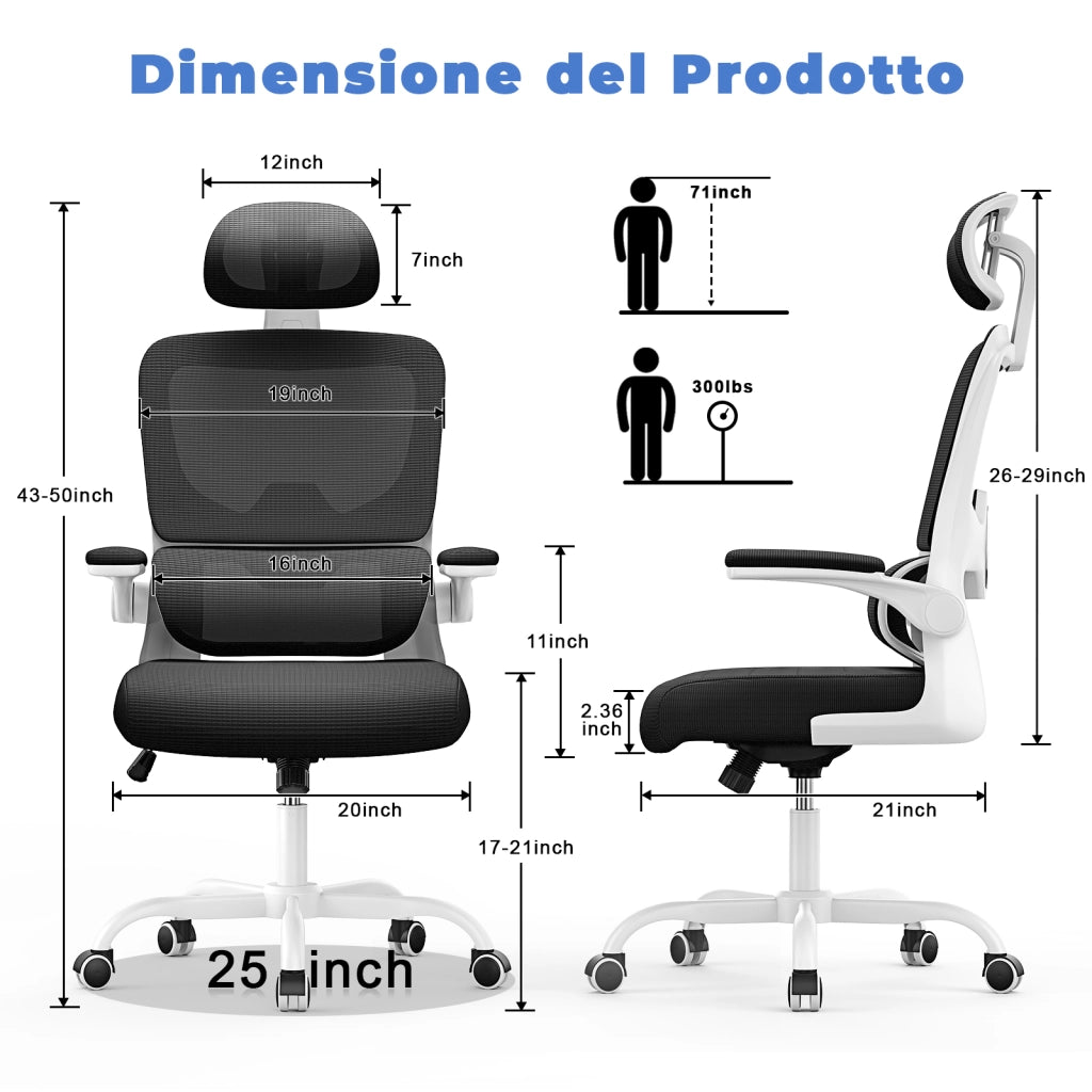Sedia Ufficio con Supporto Lombare - RATTANTREE  - Poggiatesta Braccioli Regolabili e Schienale Reclinabile - Bianco