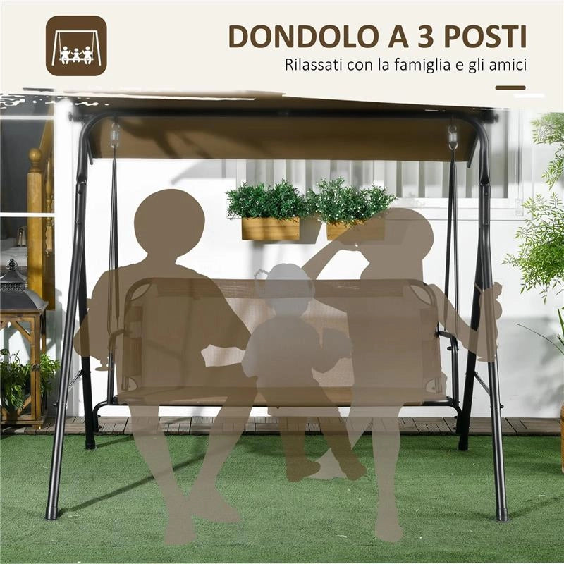 DONDOLO DA GIARDINO 3 POSTI CON COPERTURA REGOLABILE IN ACCIAIO E POLIESTERE 172X110X153 CM MARRONE E GRIGIO