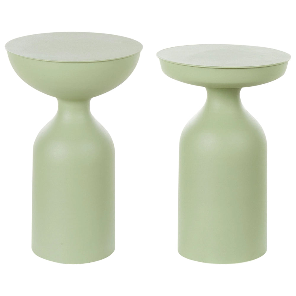 Set di 2 tavolini moderni in ferro opaco verniciato a polvere verde forma ovale soggiorno camera da letto moderna