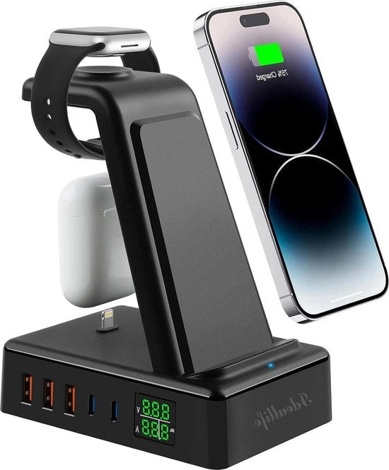 Stazione di ricarica wireless 8-in-1 - caricatore con 6 porte USB - 120W - PD - QC3.0 - Qi - dock magnetico di base - compatibile con iPhone - iWatch - AirPods