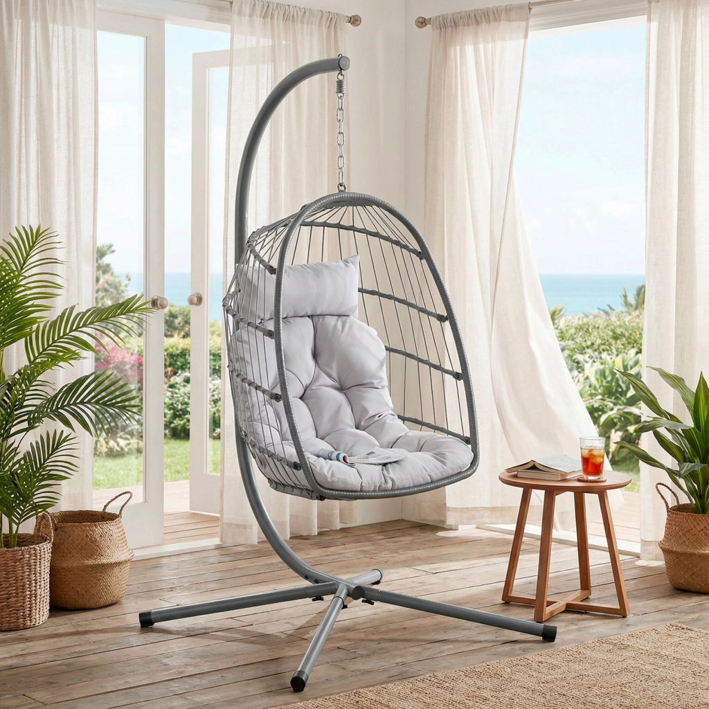 Poltrona Sospesa Da Giardino In Metallo Con Cuscino Imbottito Pieghevole Per Balcone E Terrazzo 105 x 105 x 198 Cm Grigio Chiaro