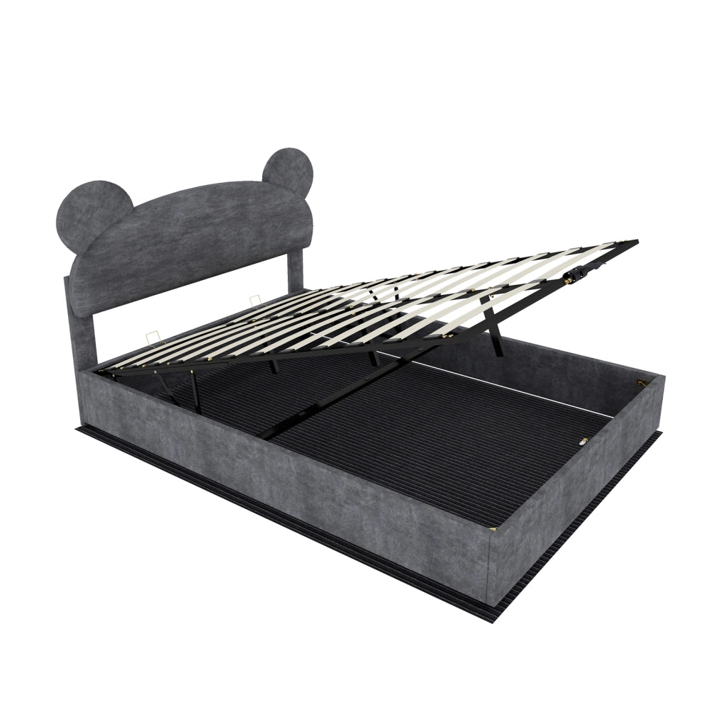 Letto contenitore 140 × 200 cm 2 posti con apertura pneumatica e testiera ludica, senza materasso, grigio