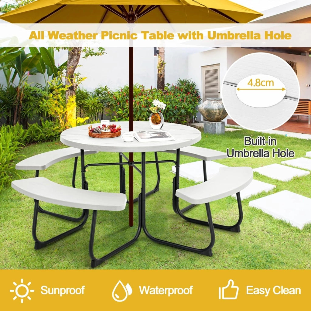 Set da Giardino per 8 Persone, Tavolo Rotondo da Picnic con 4 Panche, Tavolo da Birra in HDPE con Foro per Ombrellone, Set da Esterno Resistente