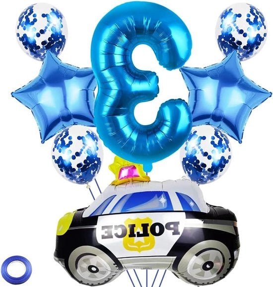 Decorazione di compleanno per bambini blu con palloncini, numero 3, per festa di compleanno.