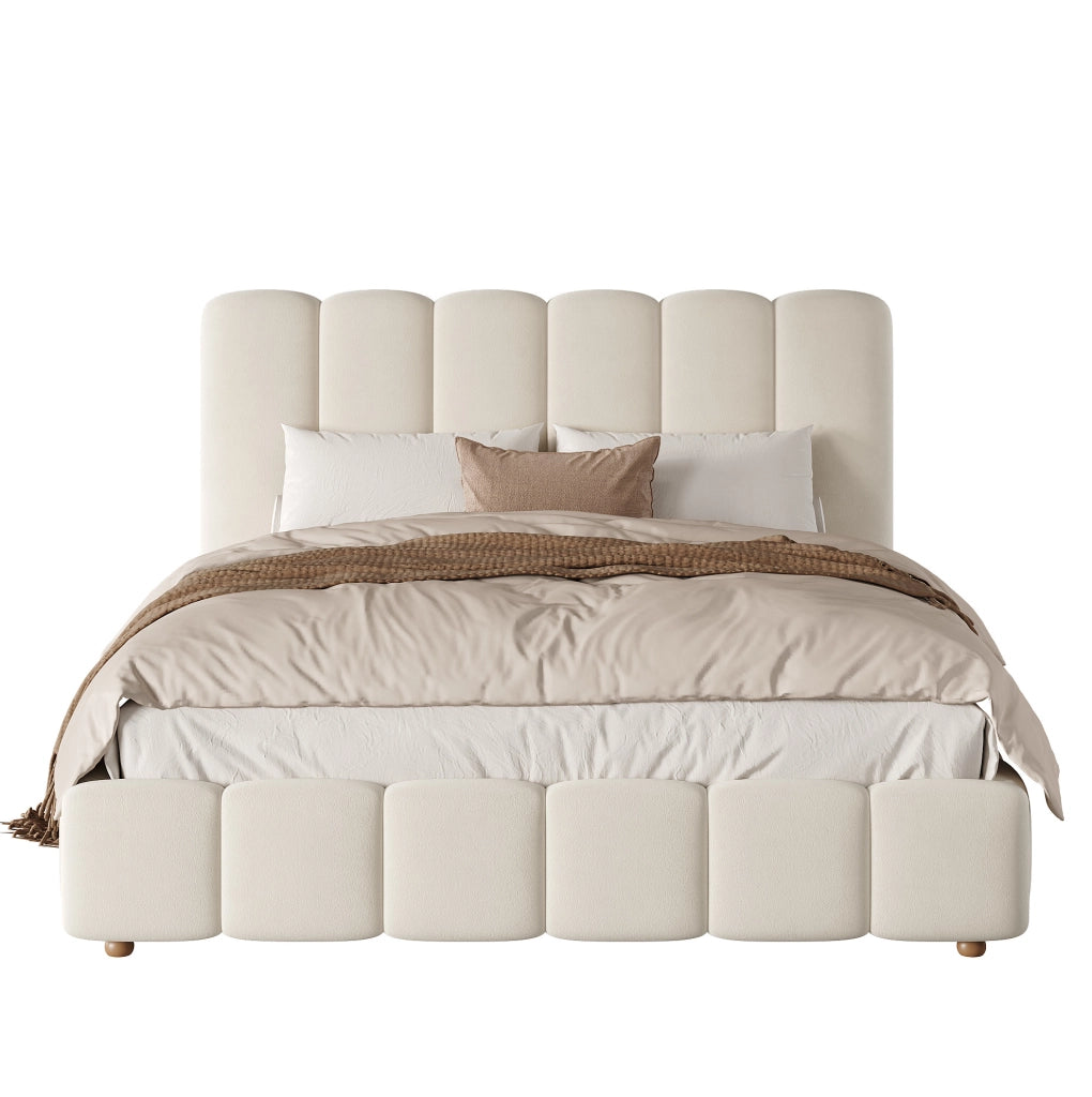 Letto matrimoniale imbottito con contenitore idraulico 140 x 190 cm in velluto beige
