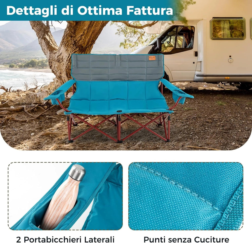 Sedia da Campeggio per 2/3 Persone, Divano per Picnic Pieghevole con Braccioli Regolabili e Portabicchieri, Sedia da Esterno Portatile con Borsa da Trasporto (147 x 69 x 82 cm,Blu)