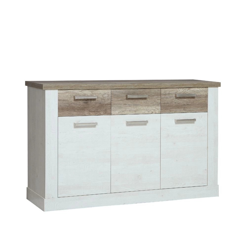 Madia Flux 3 ante e 3 cassetti 140 cm pino bianco con top rovere antico