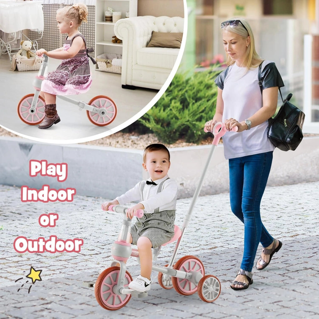 4 in 1 Triciclo Evolutivo per Bambini, Bicicletta Bambini con Manico a Spinta Regolabile in 4 Posizioni, Sellino in 2 Posizioni, Pedali Rimovibili, per Bambini e Bambine da 1 Anno + (Rosa)